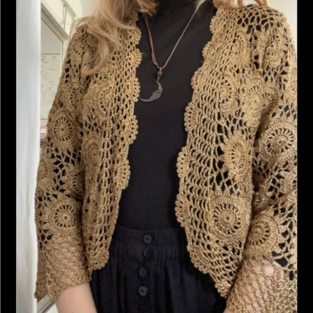 Crochet cardigan vintage gold knit floral sweater open front metallic festival